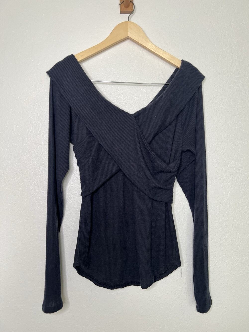 Free People Marley Black Cross Over Long Sleeve Top Size XL Off The Shoulder